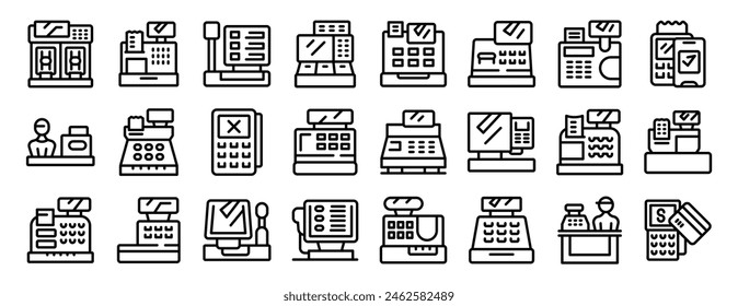 Cashier machine vector icon. A series of black and white icons of various types of cash registers. The icons include a cash register with a person, a cash register with a person and a card reader