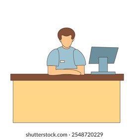 Cashier man character working on computer icon