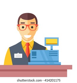 Cashier Man At Checkout Counter. Counter Desk, Cash Register And Happy Clerk. Checkout Concept. Flat Vector Illustration