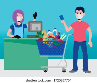 cashier and man with credit card and supplies to quarantine protection, vector illustration