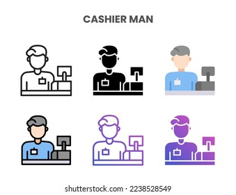 Cashier Man icons vector illustration set line, flat, glyph, outline color gradient. Great for web, app, presentation and more. Editable stroke and pixel perfect.