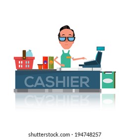 cashier man prepares purchasing at supermarket