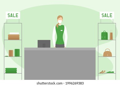 Cashier in mask working at pay desk. Sale 221. Vector illustration.