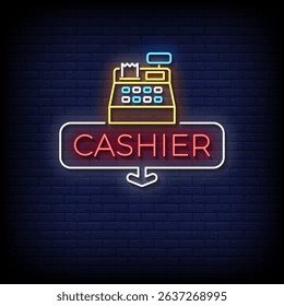 cashier neon sign with brick wall background vector