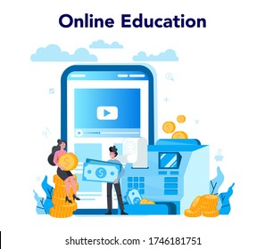 Servicio o plataforma de caja en línea. Servicio de cliente, operación de pago. Educación en línea. Contabilidad y cálculos de efectivo. Ilustración del vector