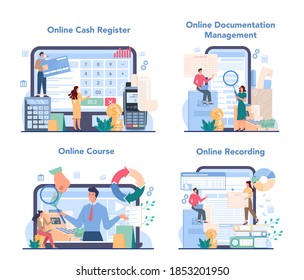 Cashier online service or platform set. Worker behind the cashier counter in the store. Cash reporting and calculations. Online cash register, documentation, course, recording. Vector illustration