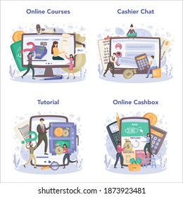 Cashier online service or platform set. Worker behind the cashier counter in the supermarket. Client service, payment operation. Online course, chat, tutorial, cashbox. Vector illustration