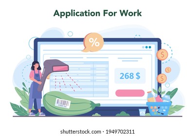 Cashier online service or platform. Worker behind the cashier counter