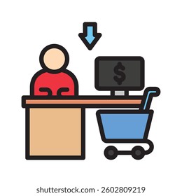 Cashier outline color icon, mini illustration. use for economy, business, finance, ecommerce, payment service UI, UX kit, app and web development, digital or print.