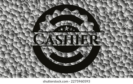Cashier realistic dark emblem with bubbles background. Vector Illustration. Detailed. 