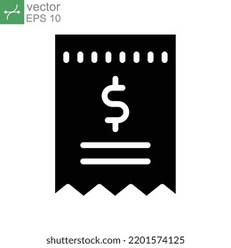 Cashier receipt icon. ATM machine receipt. paper shop cheque with Dollar symbol for slip or bill payment. Glyph or solid style pictogram. Vector illustration. Design on white background. EPS 10