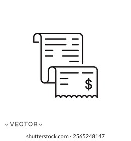cashier receipt icon, bill receipt, thin line symbol concept isolated on white background, editable stroke eps 10 vector illustration