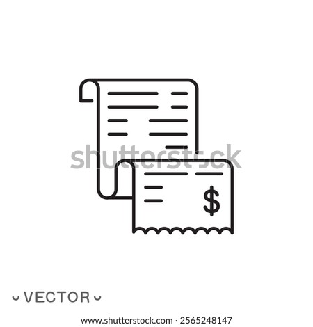cashier receipt icon, bill receipt, thin line symbol concept isolated on white background, editable stroke eps 10 vector illustration