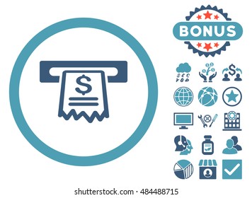 Cashier Receipt icon with bonus design elements. Vector illustration style is flat iconic bicolor symbols, cyan and blue colors, white background.