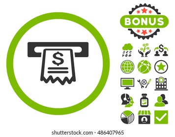 Cashier Receipt icon with bonus pictures. Vector illustration style is flat iconic bicolor symbols, eco green and gray colors, white background.