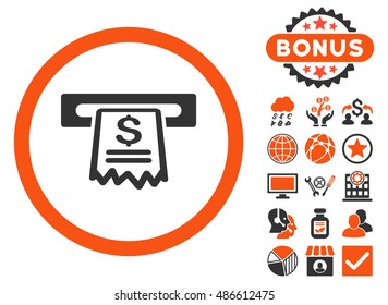 Cashier Receipt icon with bonus symbols. Vector illustration style is flat iconic bicolor symbols, orange and gray colors, white background.