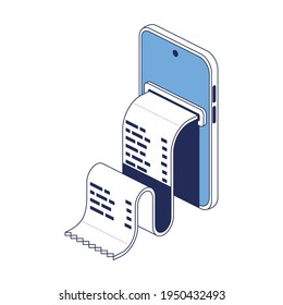 Cashier receipt, mobile application. Vector 3d line isometric, web icons, blue color. Creative design idea for infographics.