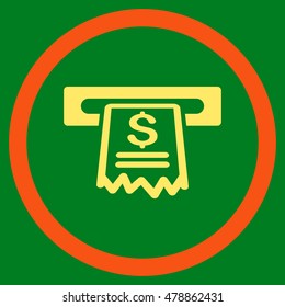 Cashier Receipt vector bicolor rounded icon. Image style is a flat icon symbol inside a circle, orange and yellow colors, green background.