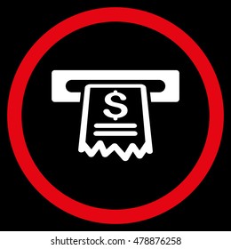 Cashier Receipt vector bicolor rounded icon. Image style is a flat icon symbol inside a circle, red and white colors, black background.