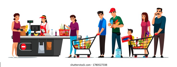 Cashier and shoppers at supermarket. People with grocery shopping stand in line at checkout. Woman employee working at cash desk. Assortment at shop, food purchase. Vector character illustration