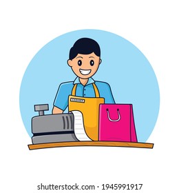 cashier standing behind counter doing his job