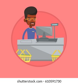 Cashier standing at the checkout in supermarket. Cashier working at checkout in a supermarket. Cashier standing near the cash register. Vector flat design illustration in circle isolated on background
