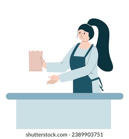 A cashier in a store, an isolated character working in a store. Making purchases and paying for purchased goods. Vector illustration in a flat cartoon style