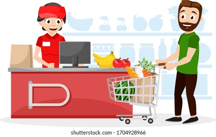 Cashier at supermarket checkout and shopper with supermarket cart of products