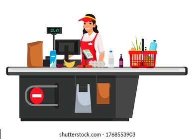 Cashier at supermarket isolated person. Smiling woman employee in uniform standing at cash desk. Store employee working at grocery shop, market, retail, commerce. Vector character illustration