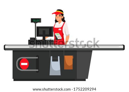 Cashier at supermarket isolated person. Smiling woman employee in uniform standing at cash desk. Store employee working at grocery shop, market, retail, commerce. Vector character illustration