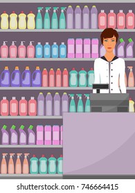 The cashier at the supermarket, shop assistant, cash register, shelves with household chemicals in shop. Vector illustration, flat style