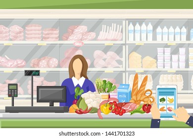 Cashier in the supermarket Vector flat style. Sale manager and food stands on background