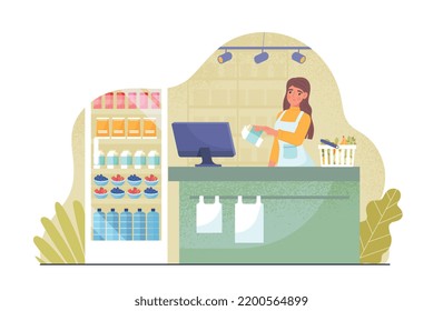 Cajero en el supermercado. Las mujeres en el lugar de trabajo venden comestibles. Leche y verduras, supermercado. Actividades rutinarias y diarias. Comercio y venta, propietario de pequeñas empresas. Dibujo vectorial plano de dibujos animados