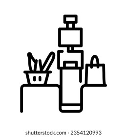 Caja o terminal en el icono de línea negra. Máquina de autoservicio. Pictograma para página web, aplicación móvil, promoción.