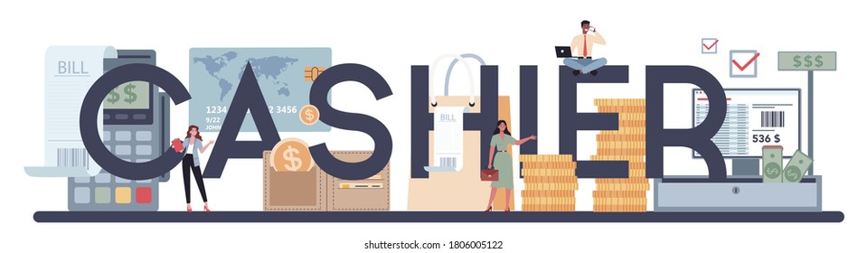 Cashier typographic header concept. Worker behind the cashier counter in the supermarket, shop, store. Client service, payment operation. Cash accounting and calculations. Vector illustration