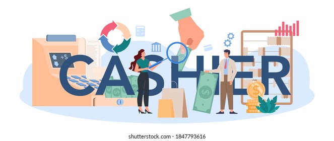 Kasse typografische Header. Arbeiter hinter dem Kassentresen im Supermarkt, Laden, Laden. Kundenservice, Geldgeschäft. Meldung und Berechnung von Barmitteln. Vektorgrafik