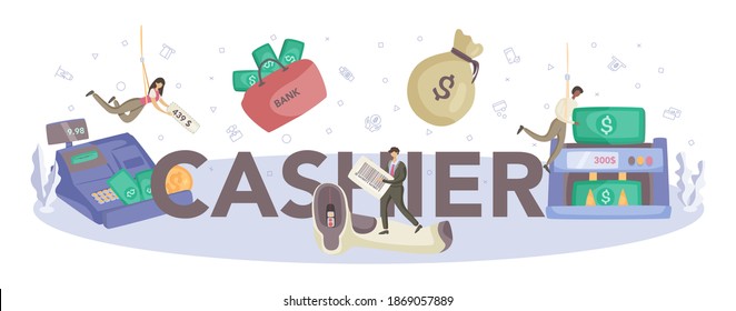Kasse typografische Header. Arbeiter hinter dem Kassentresen im Supermarkt, Laden, Laden. Kundendienst, Zahlungsvorgang. Kassenbuchhaltung und -berechnungen. Vektorgrafik