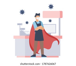 A cashier wear a face mask and red capes as super hero in coronavirus pandemic vector illustration