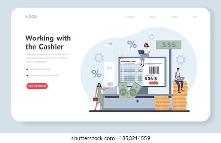 Cashier web banner or landing page. Worker behind the cashier counter in the supermarket, shop, store. Client service, payment operation. Cash accounting and calculations. Vector illustration