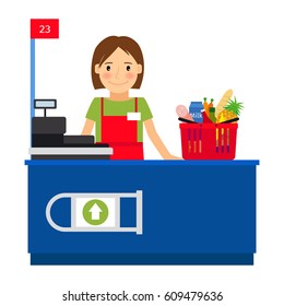 Cashier woman at the cash register machine and a shopping cart. Vector illustration