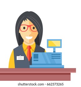 Cashier Woman At Checkout Counter. Counter Desk, Cash Register, Till And Smiling Happy Female Clerk. Creative Checkout Concept. Modern Flat Vector Illustration Isolated On White Background