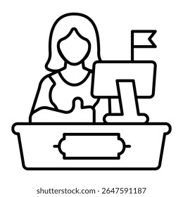 Cashier woman at desk with monitor and flag thin line icon, pharmacy concept. Vector graphics. Pharmacist point, shopping sign on white background, style mobile or design