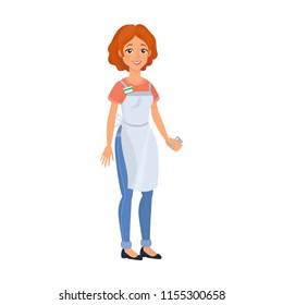 Cashier woman. European red haired woman holding credit card and dressed in uniform with badge and apron. Isolated vector illustration in cartoon style.