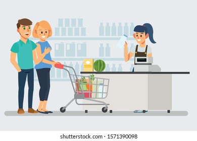 The cashier woman scans the barcode to charge the price for the couple, Couples are shopping in the supermarket.