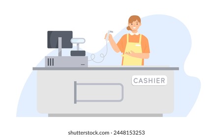 Cashier woman standing at checkout station and holding Barcode Scanner at supermarket. Concept of occupation, job, supermarket, grocery, shopping, retail store. Flat vector illustration character.