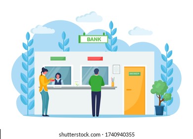 Cashier women working at cash desk in a bank. Client and teller behind cash department window. Business financial service. Banking employee at the counter. Vector cartoon design