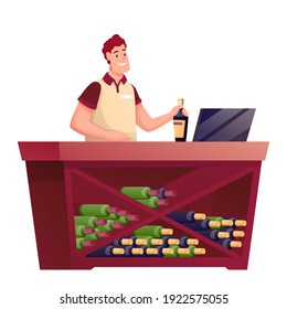 Cashier Working At Counter In Alcohol Shop. Wine Store With Table With Shelf Full Of Bottles, Compter On Desk Vector Illustration. Man Standing And Holding Bottle On White Background.