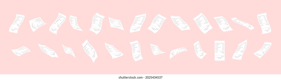 Cashier's check paper. Realistic set isolated on pink background. Cash register sale receipt. Vector illustration