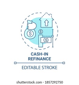 Cash-in refinance concept icon. Mortgage refinance type idea thin line illustration. Saving homeowners money. Lower loan balances. Vector isolated outline RGB color drawing. Editable stroke