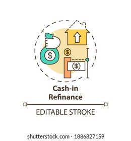 Cash-in refinance concept icon. Mortgage refinance type idea thin line illustration. Paying down mortgage costs and lower loan balances. Vector isolated outline RGB color drawing. Editable stroke